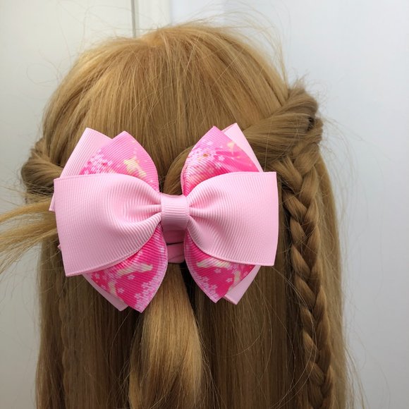🎀HANDMADE(MTO)🎀 - Multiple Layers Hair Elastic Bows - Pink Floral Printed Ribbon - Picture 8 of 8